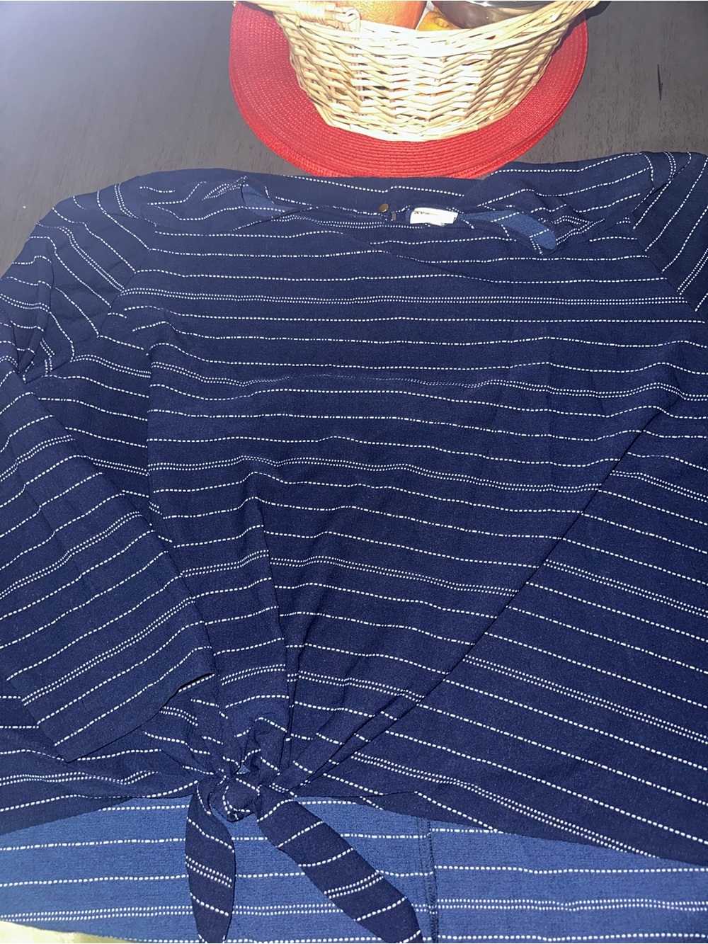 Ava & Viv Navy and White Striped Long-Sleeve Tie-Hem Shirt